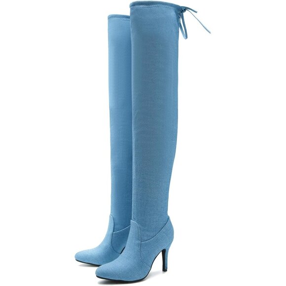 Women Blue Polyurethane Pointed Toe Over The Knee Thigh High Stiletto Heel Boot - Picture 2 of 8